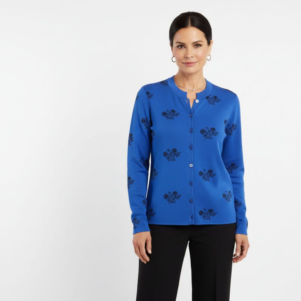 San Remo Blue & Black Knit Floral Long Sleeve Cardigan Sweater S